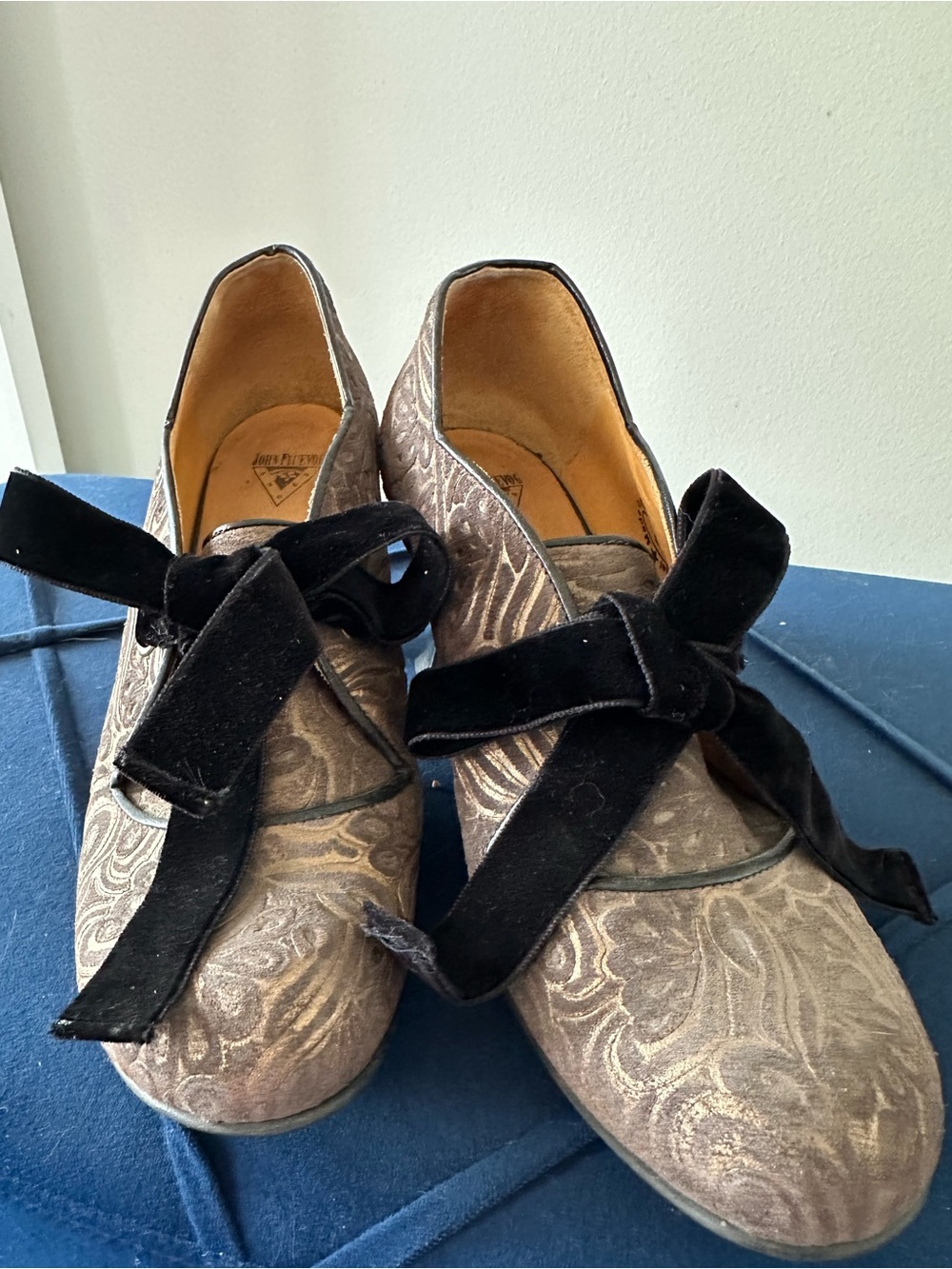 John Fluevog Taupe Jacquard Flats with Black Velvet Bow